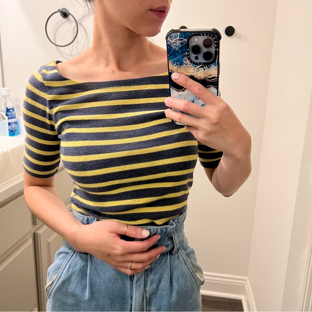 Grey & Yellow Striped Boatneck Knit Half Sleeve Top